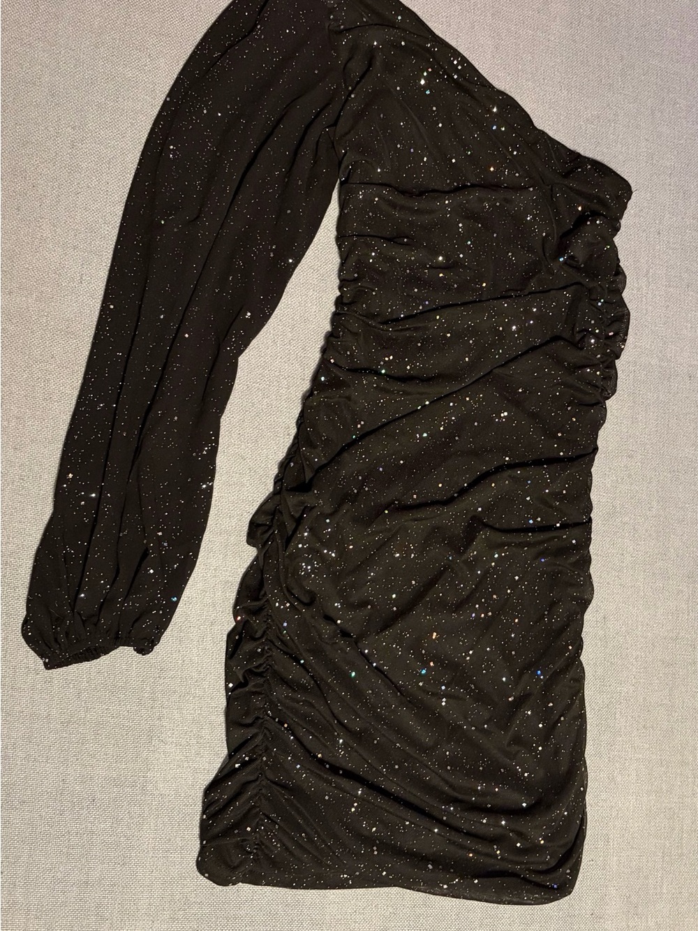 Black One-Shoulder Ruched Sparkle Dress